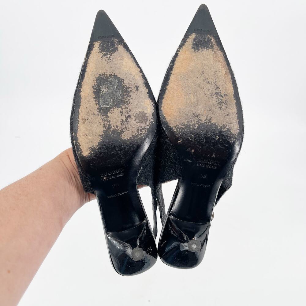 Miu Miu Vintage Wool Patent Cap Toe Floral Appliqué Slingback Heels IT 38 - Picture 11 of 13